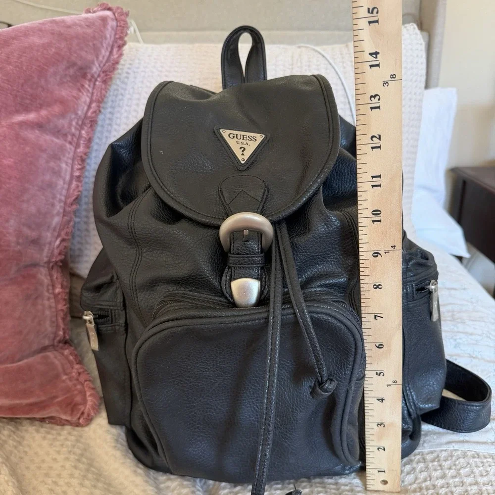 Guess 90s Drawstring Backpack Black Leather Bag Silver Buckle Grunge Retro VTG